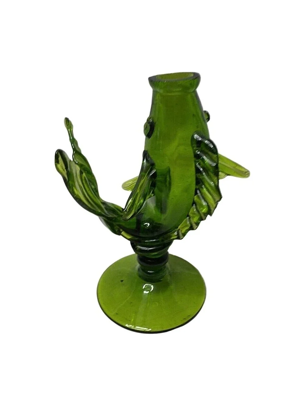 Vintage Empoli Glass Itay MCM Green Glass Fish Vase On Pedestal Hand Blown